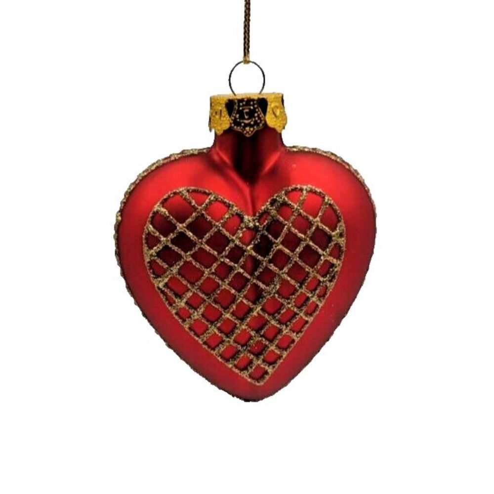 Red Heart Shaped Ornament with‎ Gold Glitter Net Design